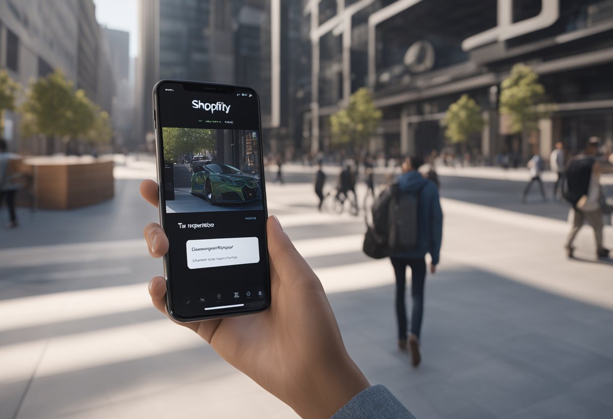 A person using a smartphone to manage Shopify content while on the go