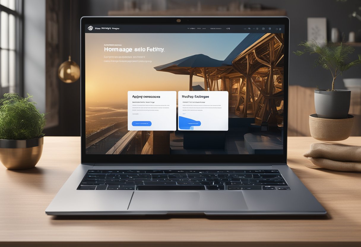 A laptop displaying a Shopify homepage with advanced features, surrounded by engaging elements like product images, customer reviews, and interactive buttons