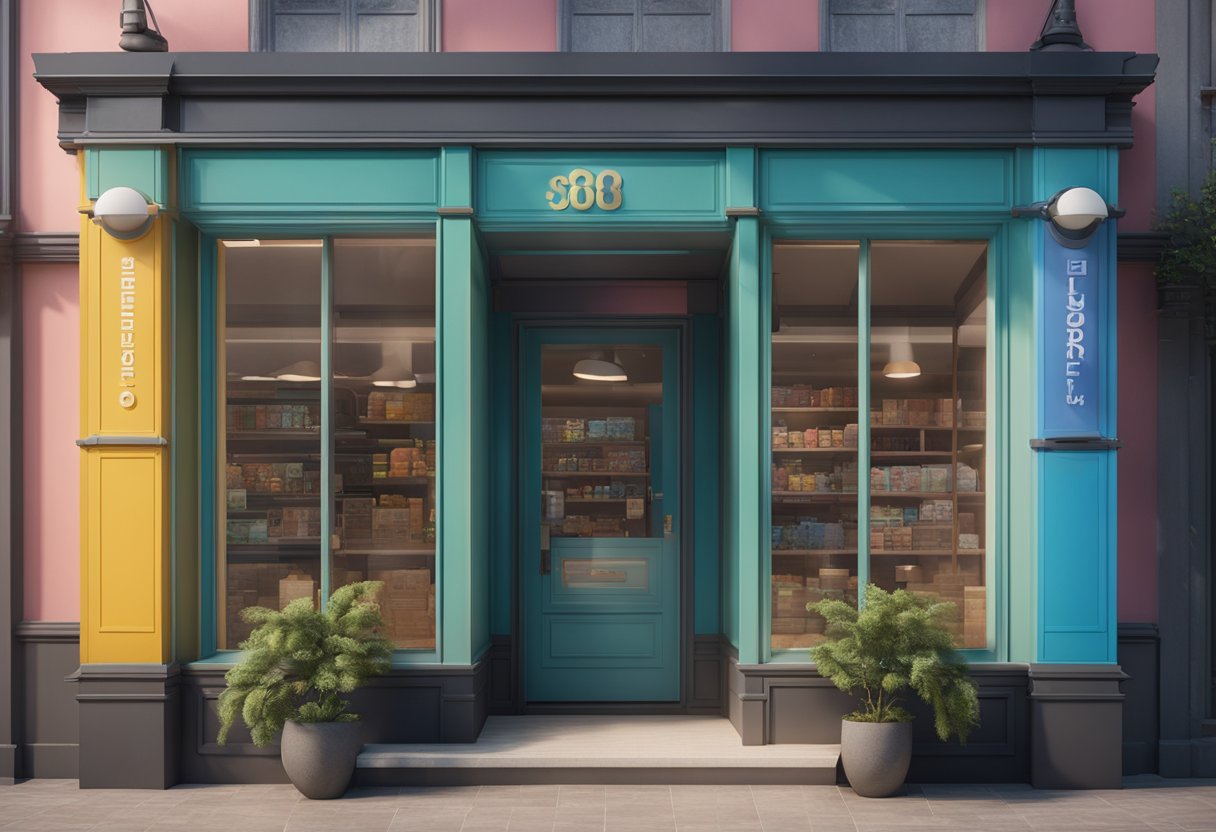 A colorful storefront with an open door and a ramp leading up to it, with a friendly sign and easy-to-read labels on products