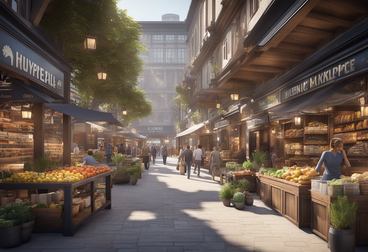 A bustling marketplace with diverse shops and vibrant storefronts, showcasing products and services, attracting a steady flow of customers