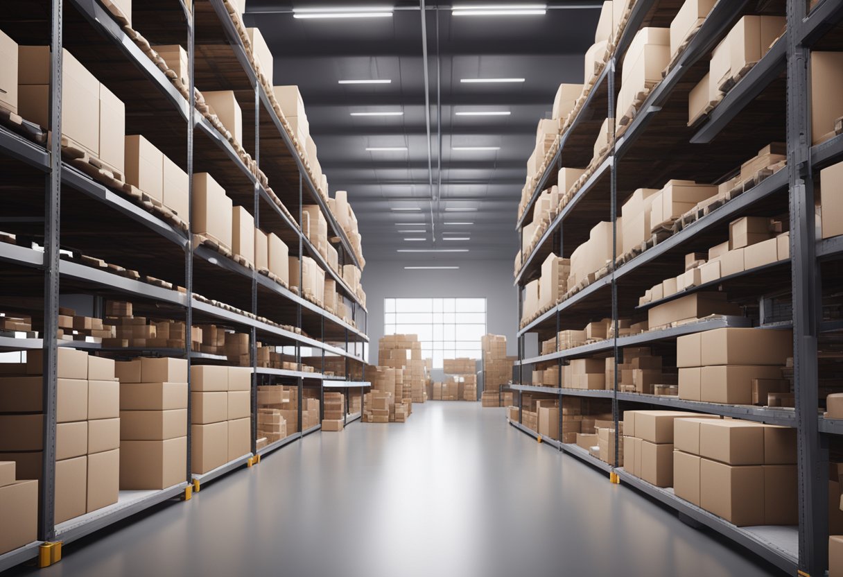A bustling e-commerce warehouse with packages being prepared for shipment, while marketing materials and CRO strategies are displayed on computer screens