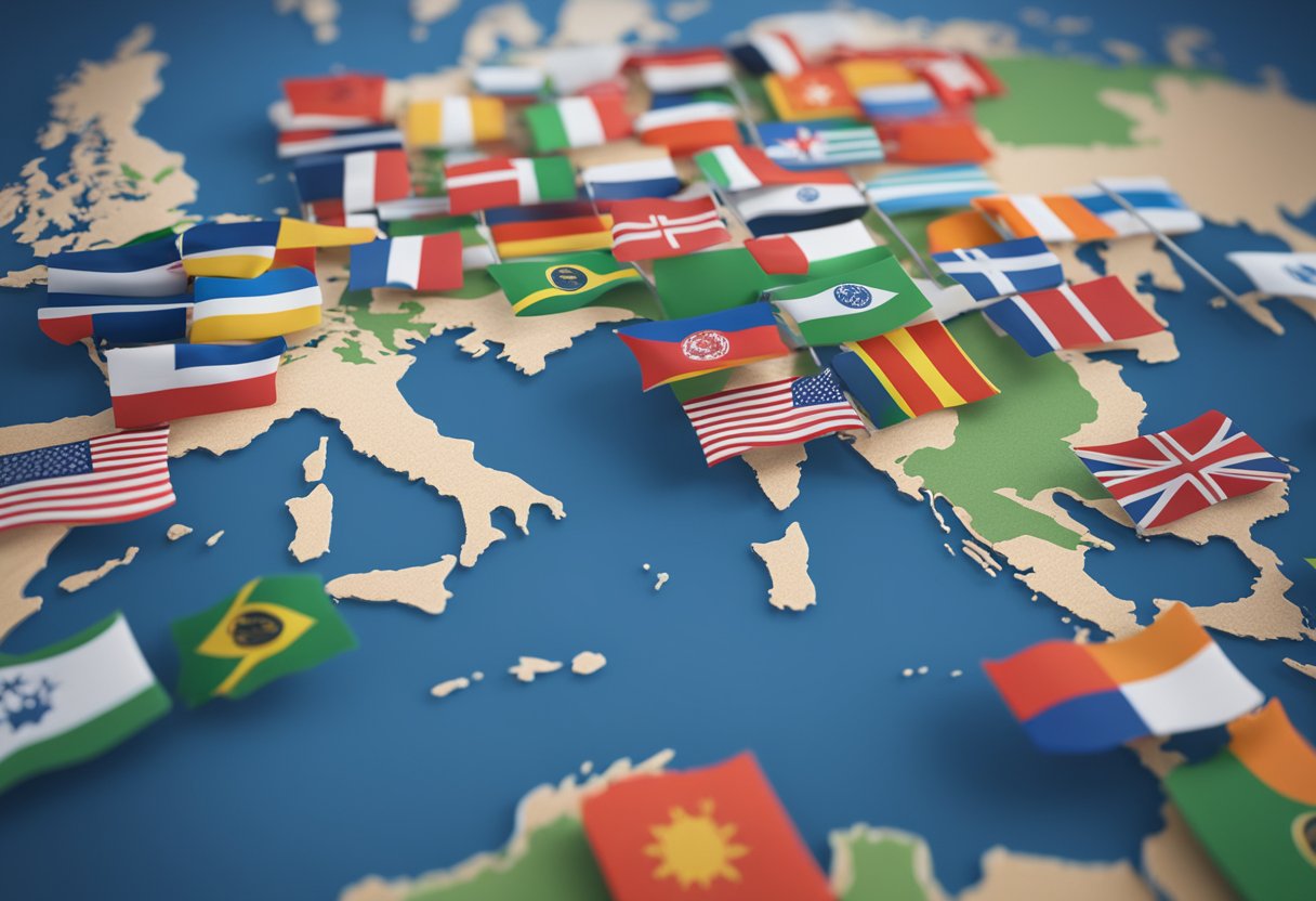 A global map with various country flags and tax documents surrounding a Shopify logo