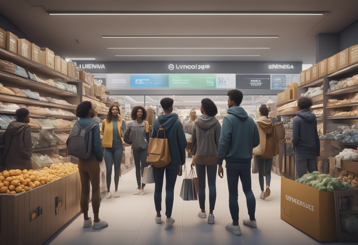 A diverse group of people around the world shopping online, with various currencies and languages displayed on the screen