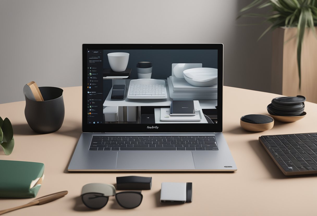 A sleek laptop with the Shopify platform open on the screen, surrounded by various products and items related to e-commerce and online shopping