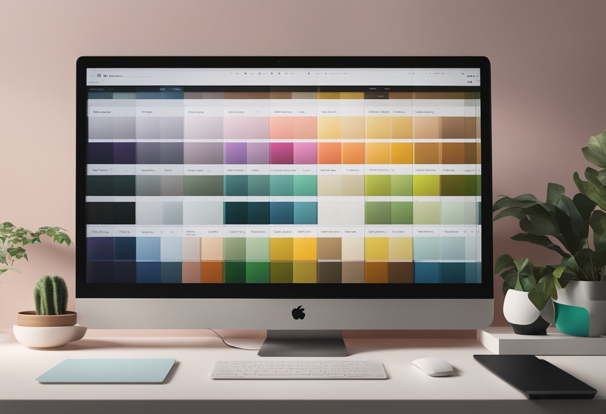 A computer screen displaying a Shopify color palette with various swatches being adjusted and mixed together using digital design tools