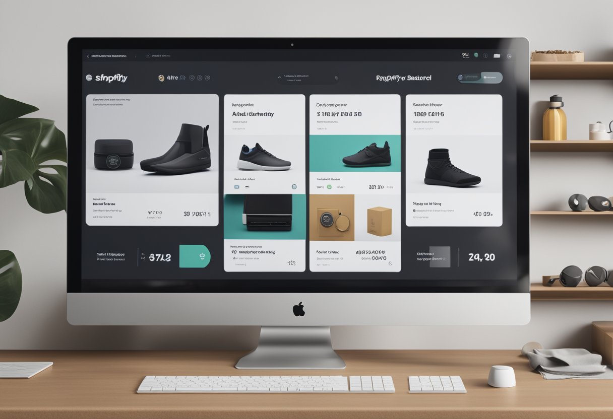 A computer screen displaying the Shopify dashboard with product tags being added to various items