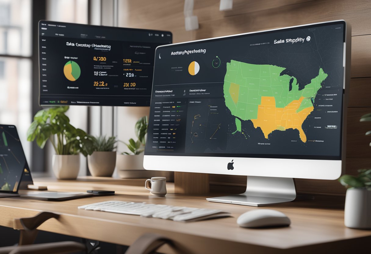 A computer screen displaying a Shopify dashboard with sales analytics and customer journey data, surrounded by marketing materials and product samples