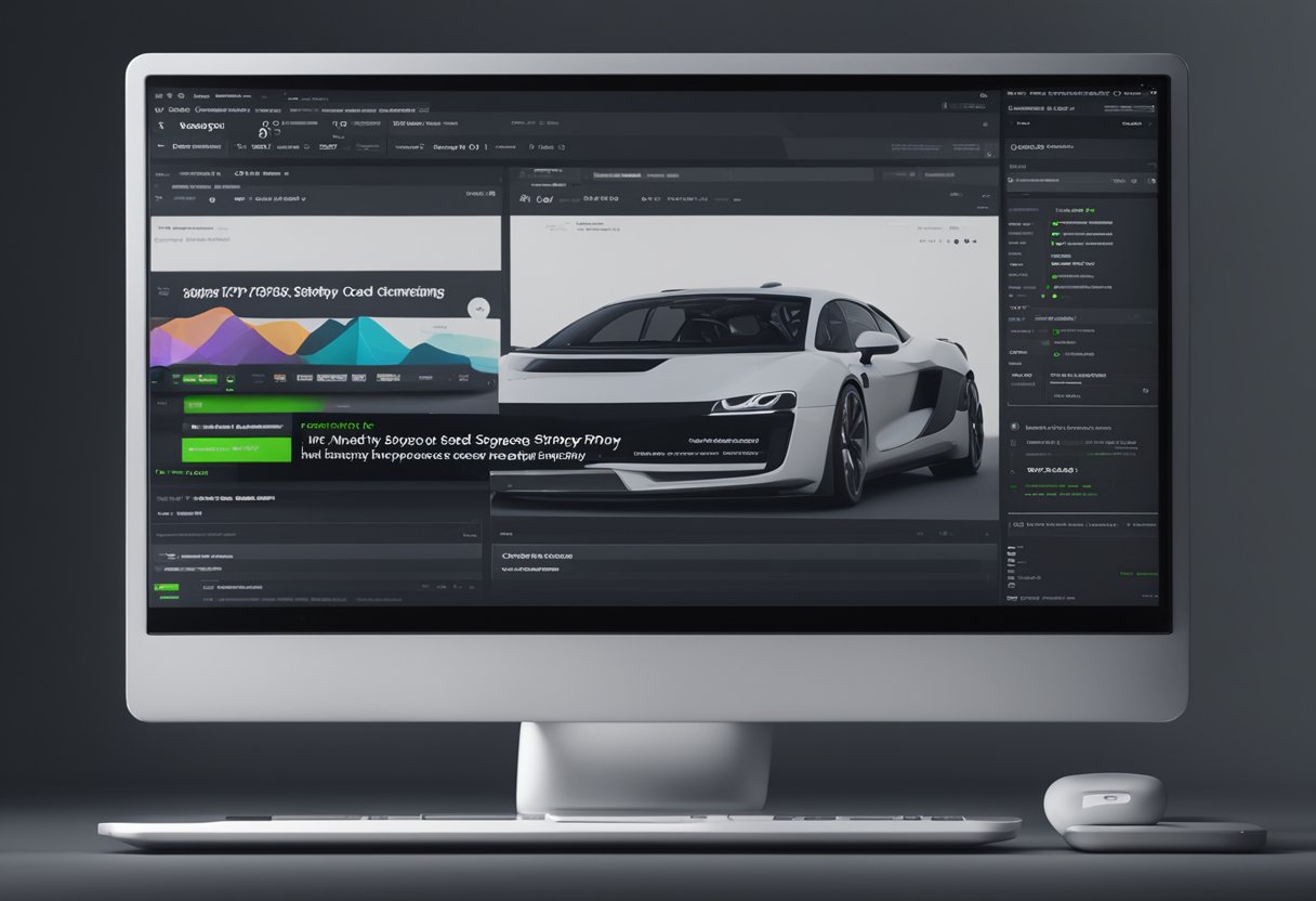 A laptop displaying a Shopify website, with various speed optimization tools and code snippets scattered around