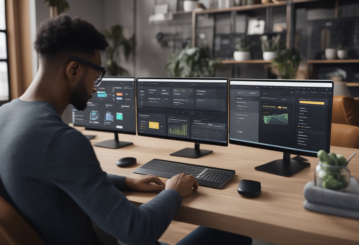 A person using a computer to search and manage products on a Shopify platform, with various product images and data displayed on the screen