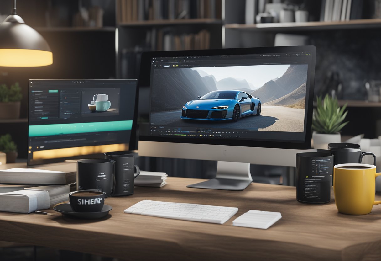 A computer screen with a custom Shopify theme displayed, surrounded by coding books and a cup of coffee