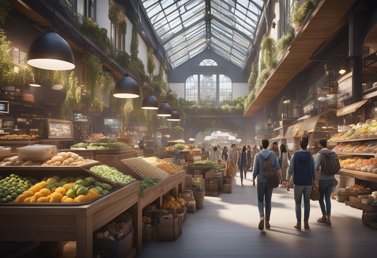 A bustling marketplace with diverse products and happy customers interacting with video content on screens