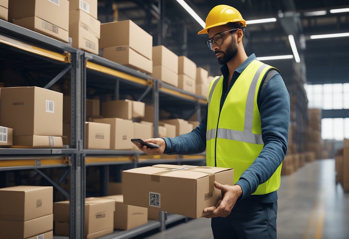 A warehouse worker uses a barcode scanner to pick and pack Shopify orders, while automated conveyor belts transport packages for shipping