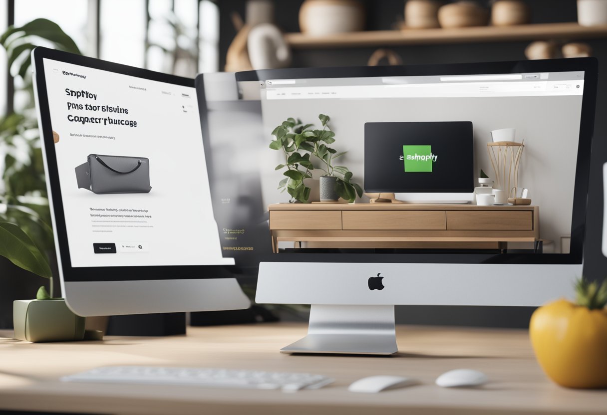 A computer screen displaying a Shopify homepage with a customer browsing products, adding items to the cart, and completing a purchase