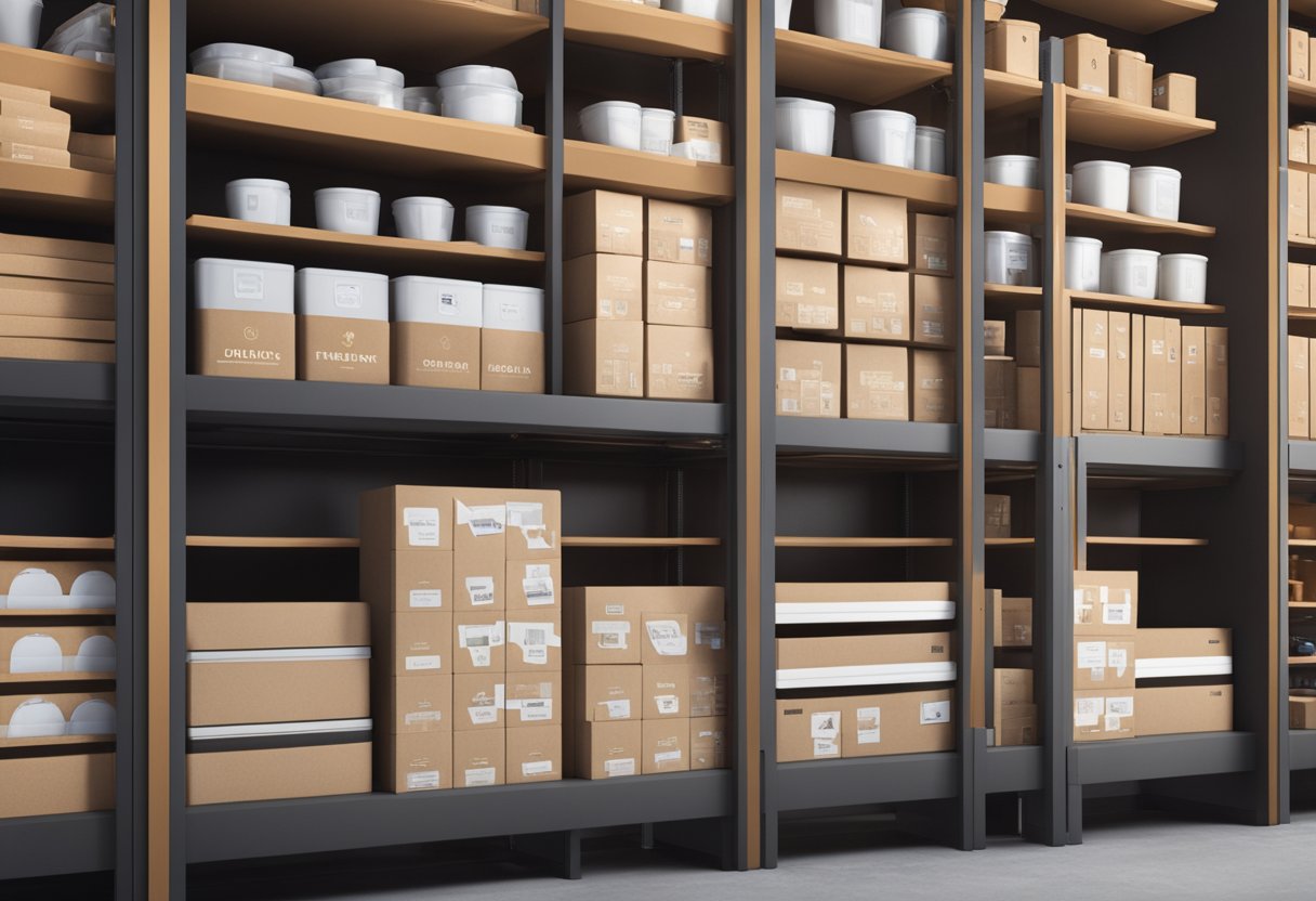A well-organized inventory shelf with neatly arranged products and labeled sections, showcasing efficient Shopify inventory control