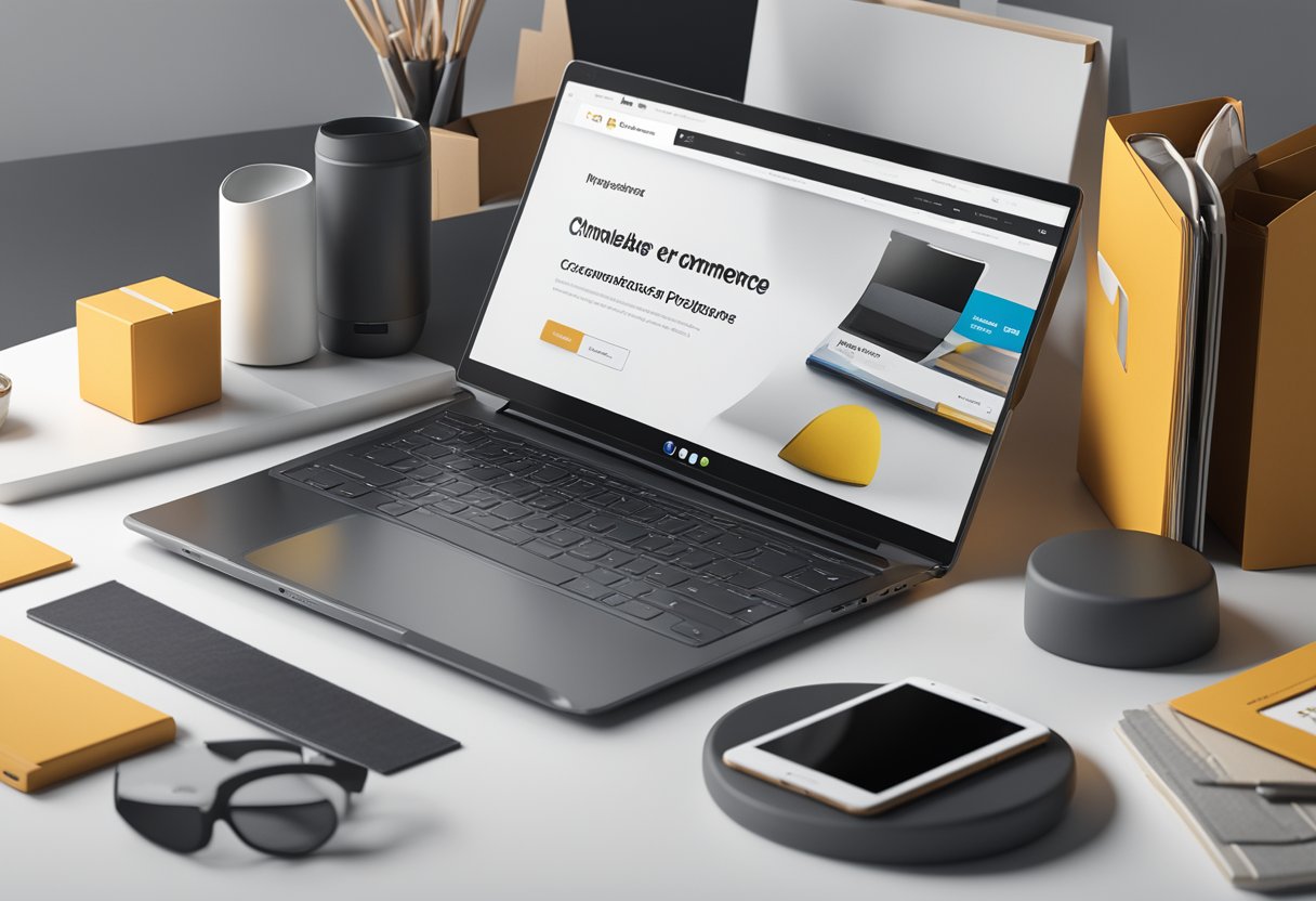 A laptop displaying a customized e-commerce website, surrounded by design tools and personalized product mock-ups