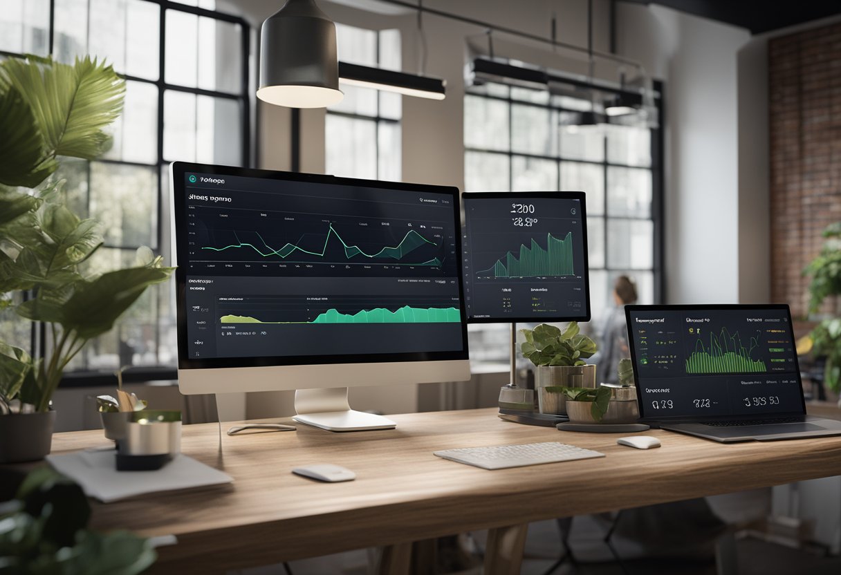 A computer screen displaying a Shopify dashboard with pricing and sales data, surrounded by charts and graphs
