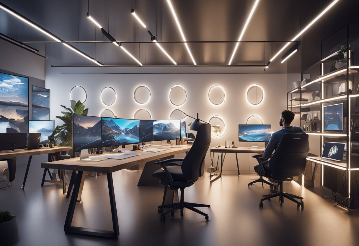 A sleek, modern workspace filled with computer screens, graphic tablets, and design software. Bright lights illuminate the room as the Technical Glam Squad works on creating Shopify theme templates