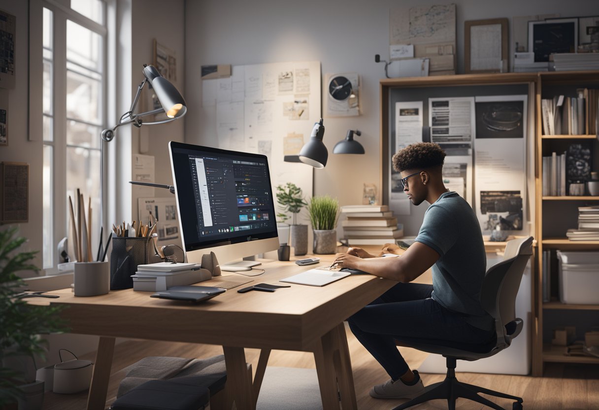 A person sitting at a desk, surrounded by a computer, notebooks, and various creative tools. They are brainstorming and planning content for their Shopify store