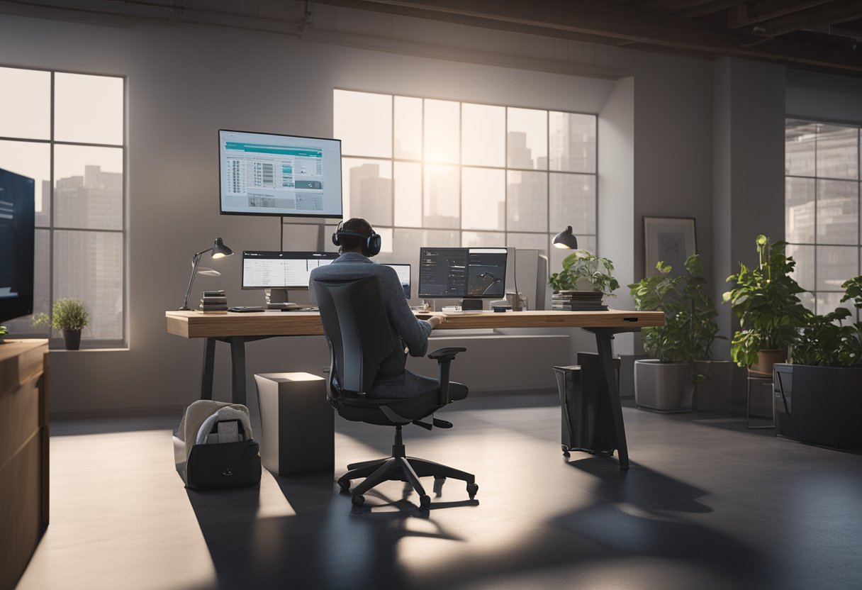 A person at a computer desk with a Shopify dashboard open, processing product returns with efficiency and professionalism