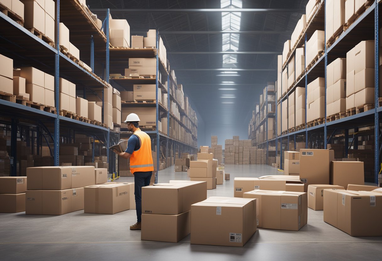 A warehouse worker packing and shipping products to various international destinations, with boxes labeled for different countries and continents