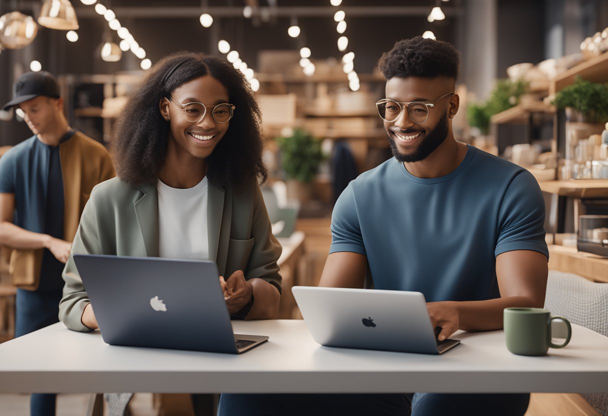 A diverse group of people browsing a Shopify store on various devices, including a laptop, tablet, and smartphone, with a focus on ease of navigation and inclusivity