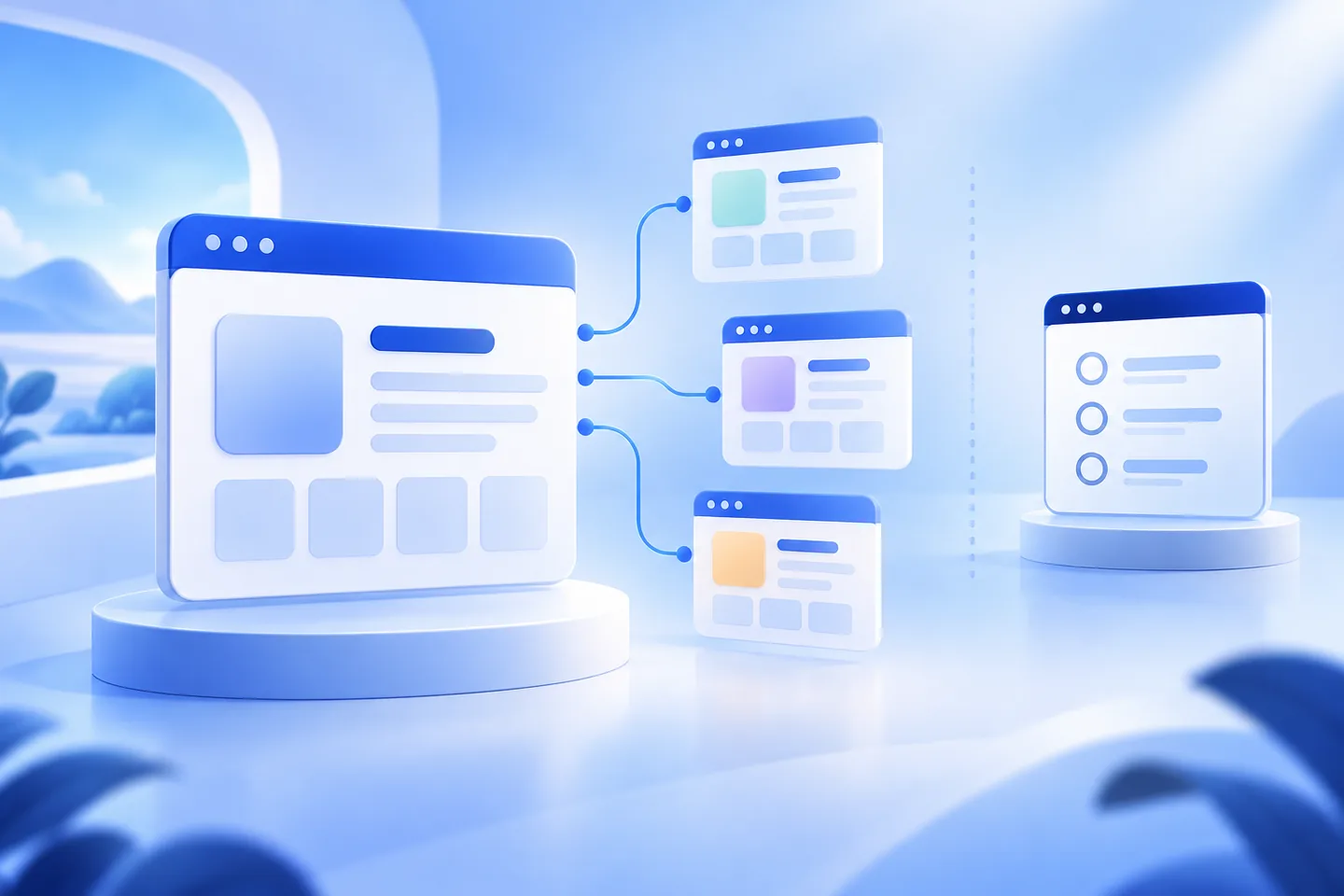 Blue editorial illustration of one product-profile browser card connected to three directory listing cards, with a separate app-review checklist panel.